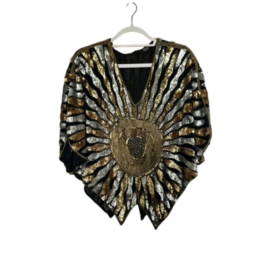 Vintage 70s METAMORPHOSIS Silk Heavy Beaded Sunburst Capelet Collar Top Gold